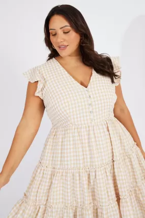 Beige Check Fit and Flare Dress Short Sleeve