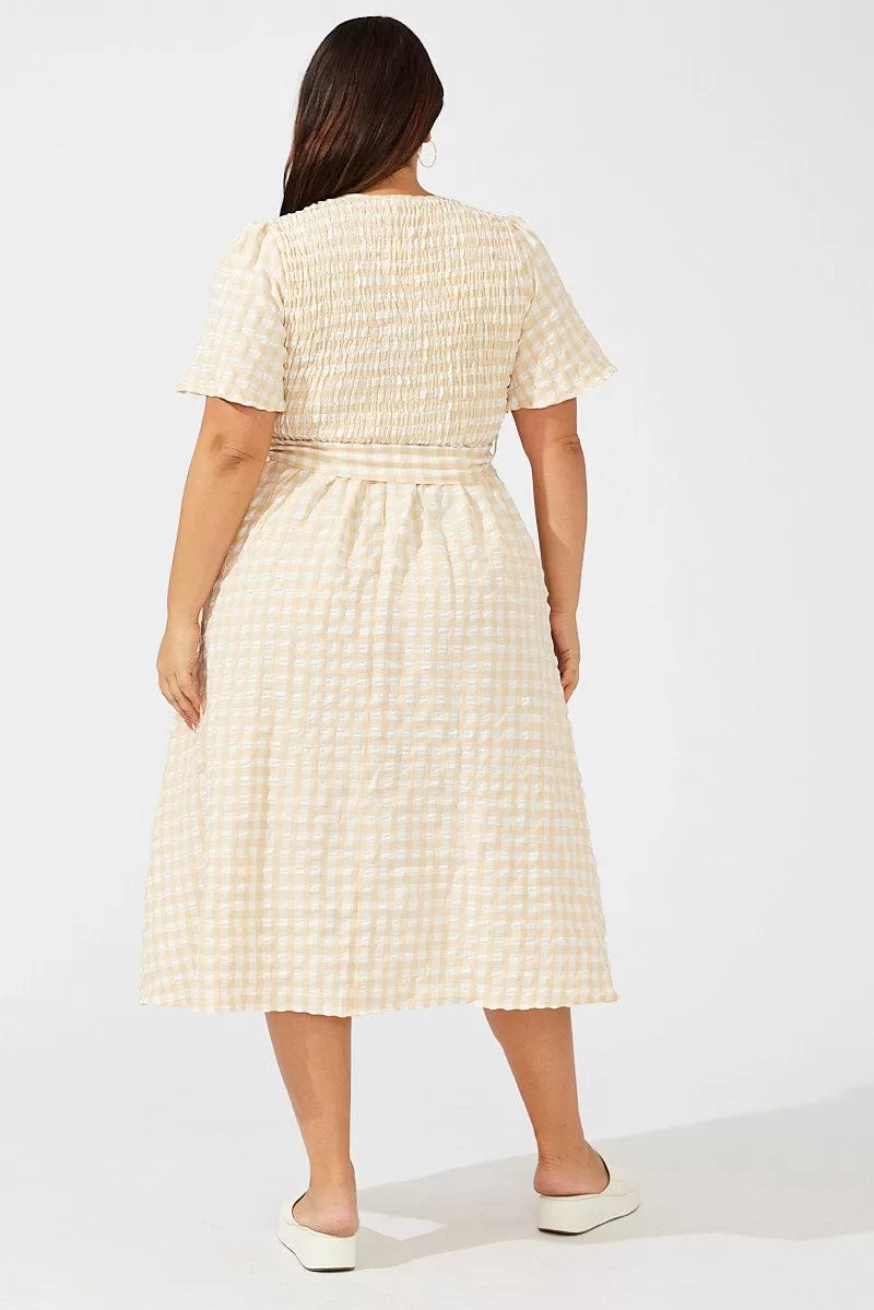 Beige Check Gingham Wrapover Shirred Front Midi Dress