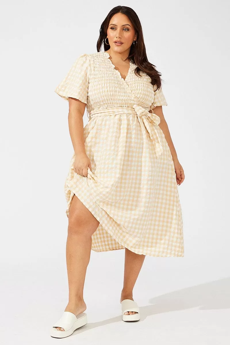 Beige Check Gingham Wrapover Shirred Front Midi Dress