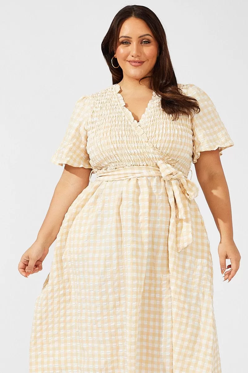 Beige Check Gingham Wrapover Shirred Front Midi Dress