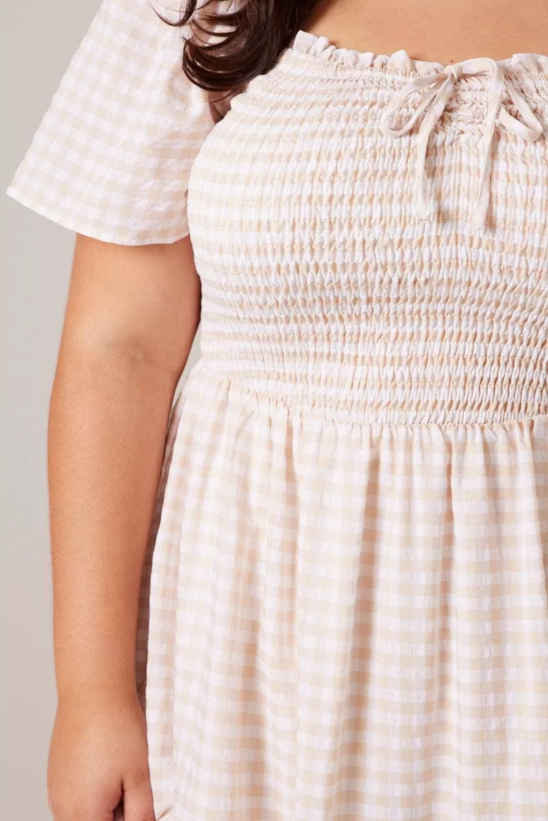 Beige Check Maxi Dress Short Sleeve Shirred Bust