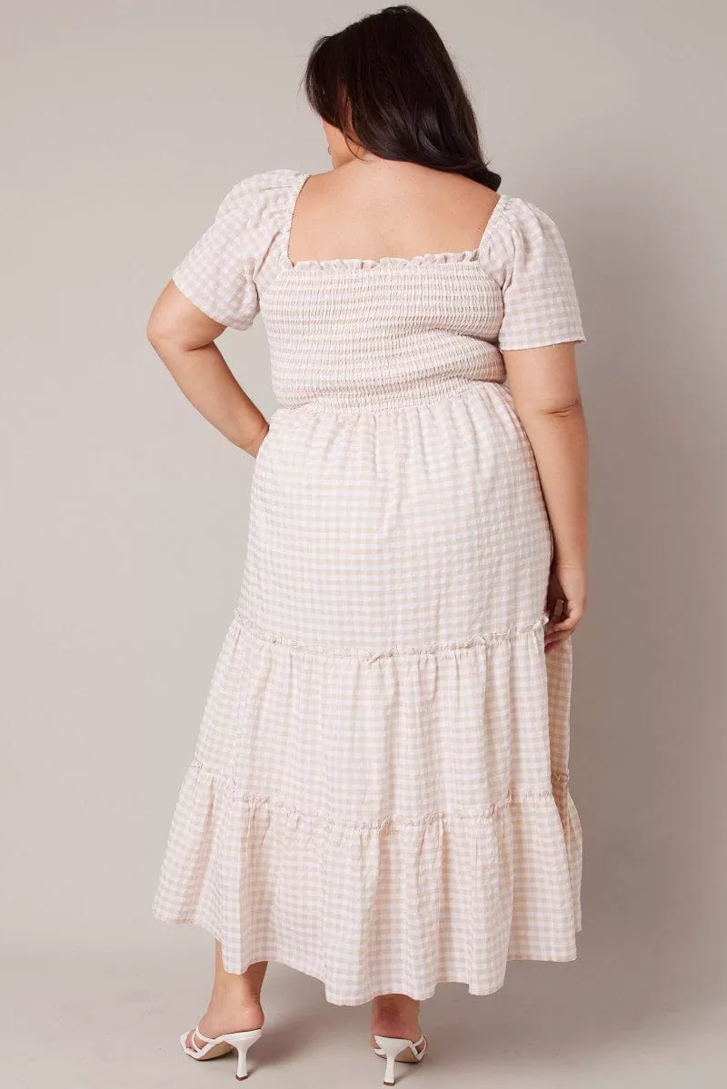 Beige Check Maxi Dress Short Sleeve Shirred Bust