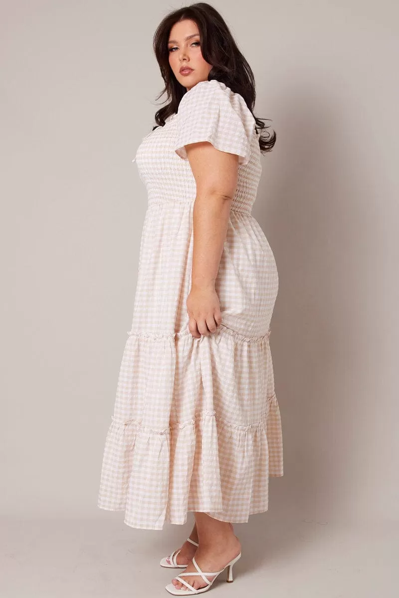 Beige Check Maxi Dress Short Sleeve Shirred Bust