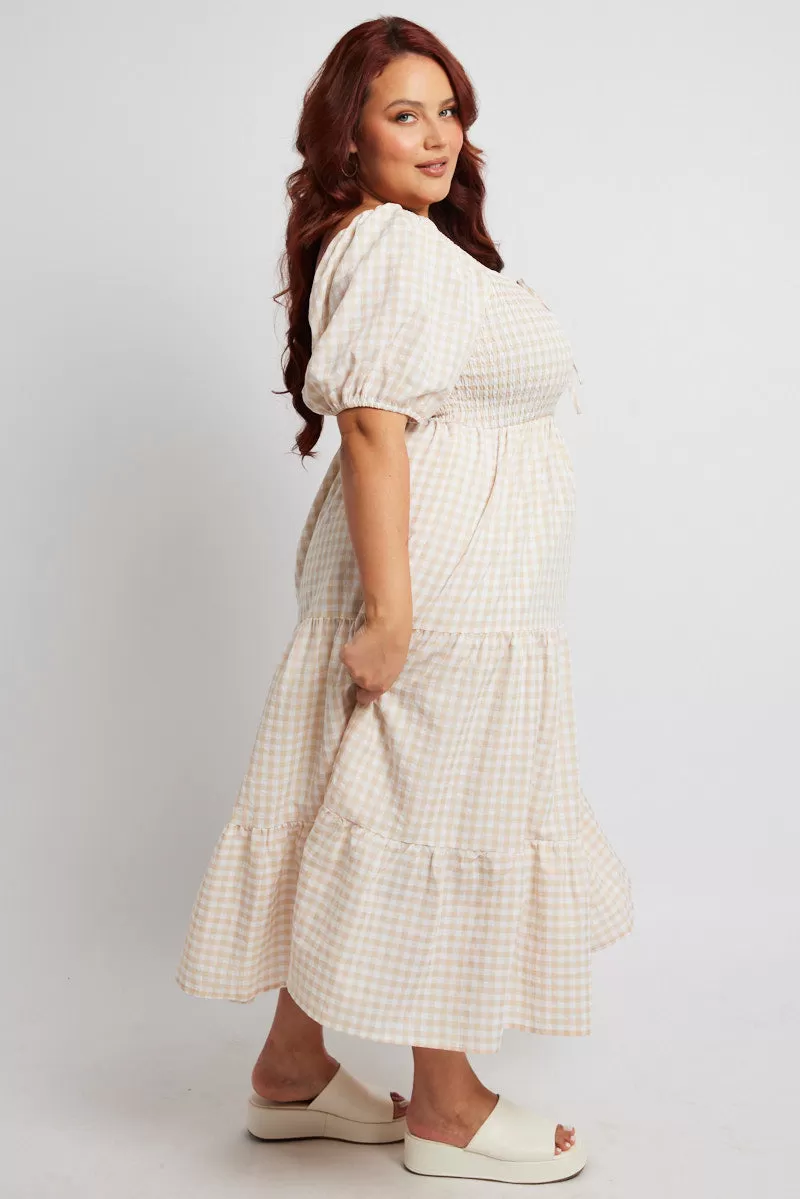 Beige Check Maxi Dress Short Sleeve Shirred