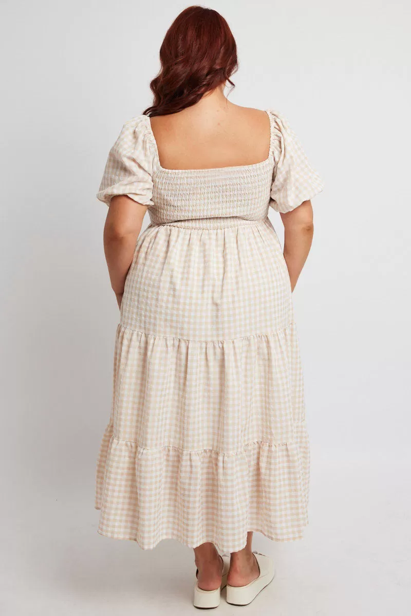 Beige Check Maxi Dress Short Sleeve Shirred