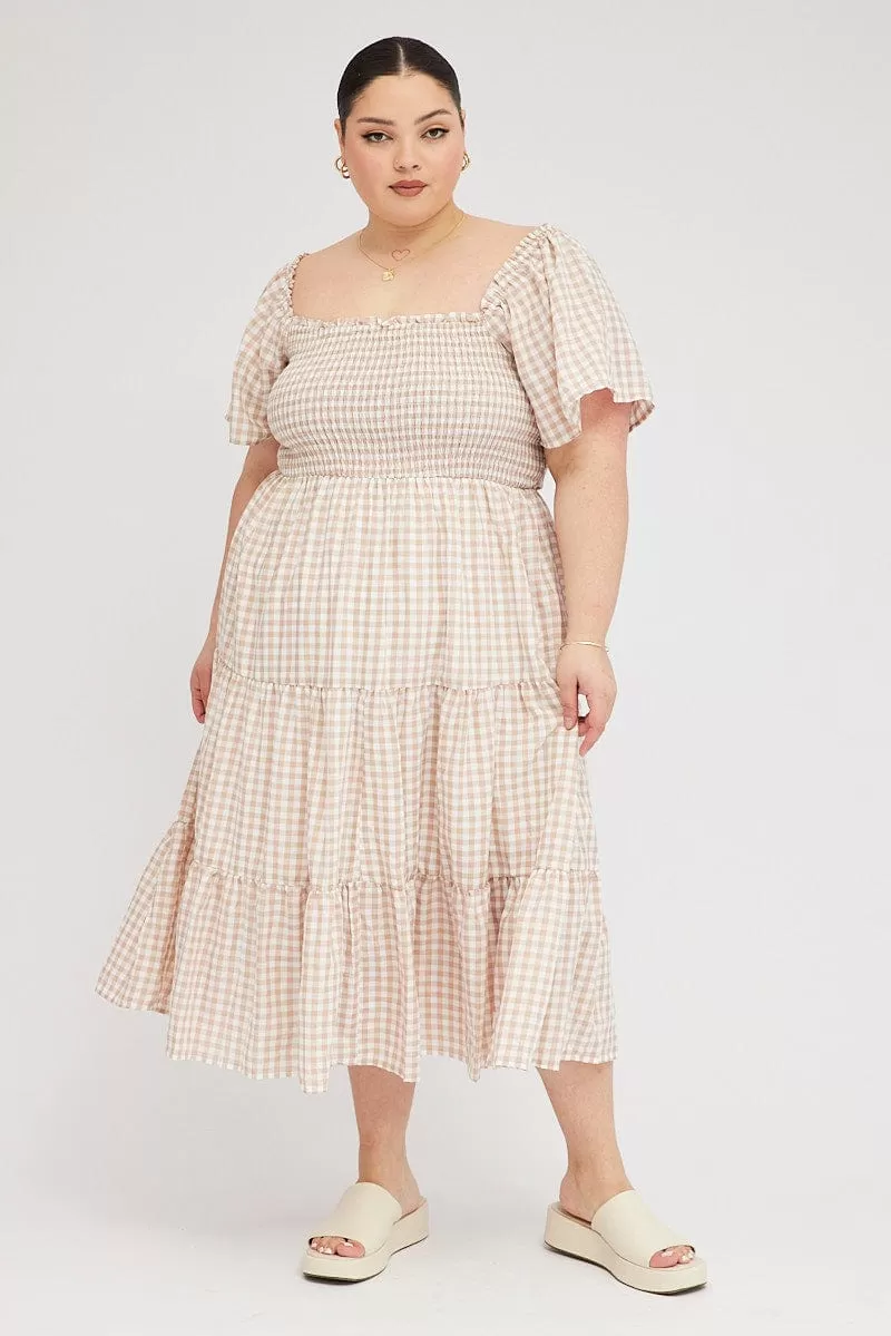 Beige Check Midi Dress Short Sleeve Shirred