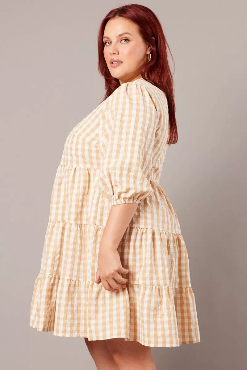 Beige Check Puff 3/4 Sleeve Gingham Smock Dress