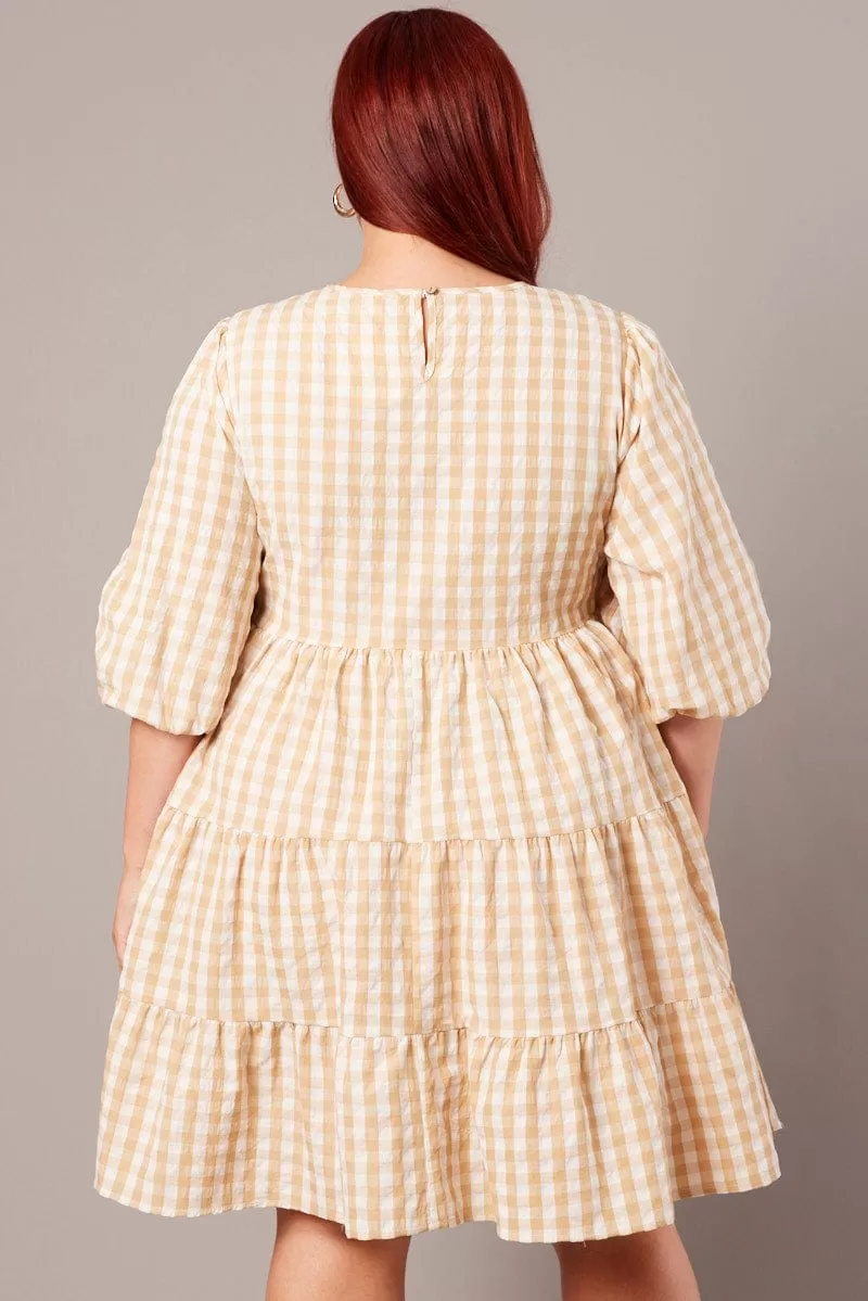 Beige Check Puff 3/4 Sleeve Gingham Smock Dress