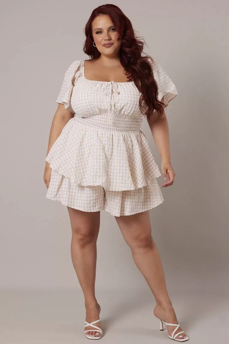 Beige Check Ruffle Playsuit Short Sleeve Ruched Bust