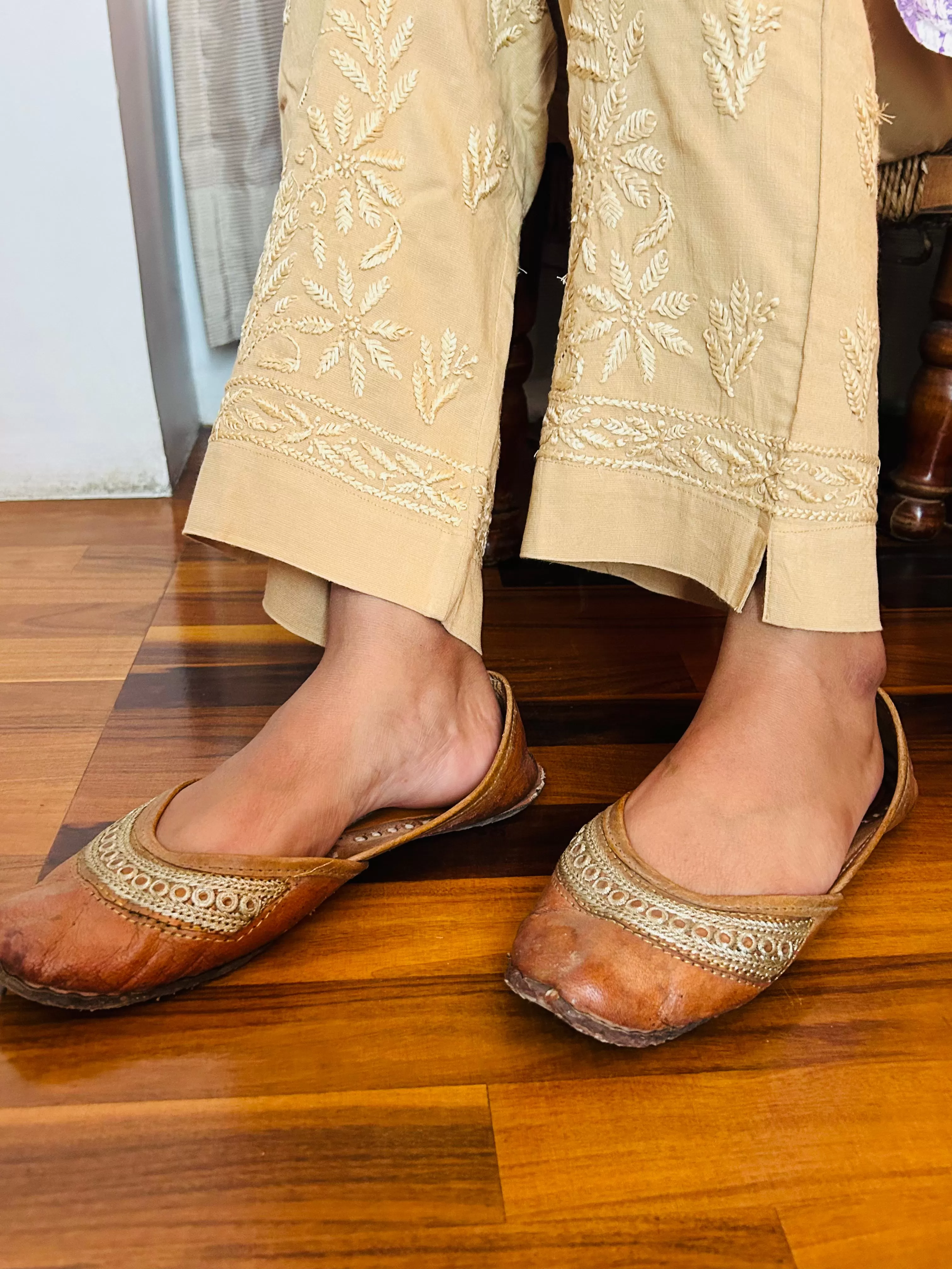 Beige Chikankari Pant Stretchable