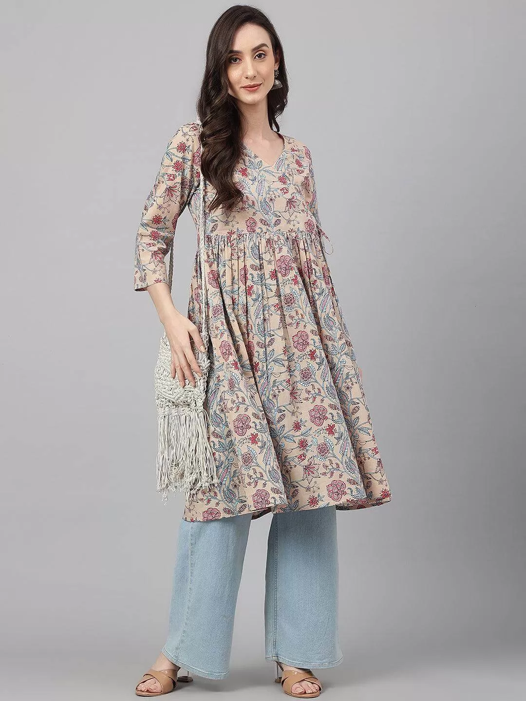 Beige Cotton Floral Print Angrakha Kurta