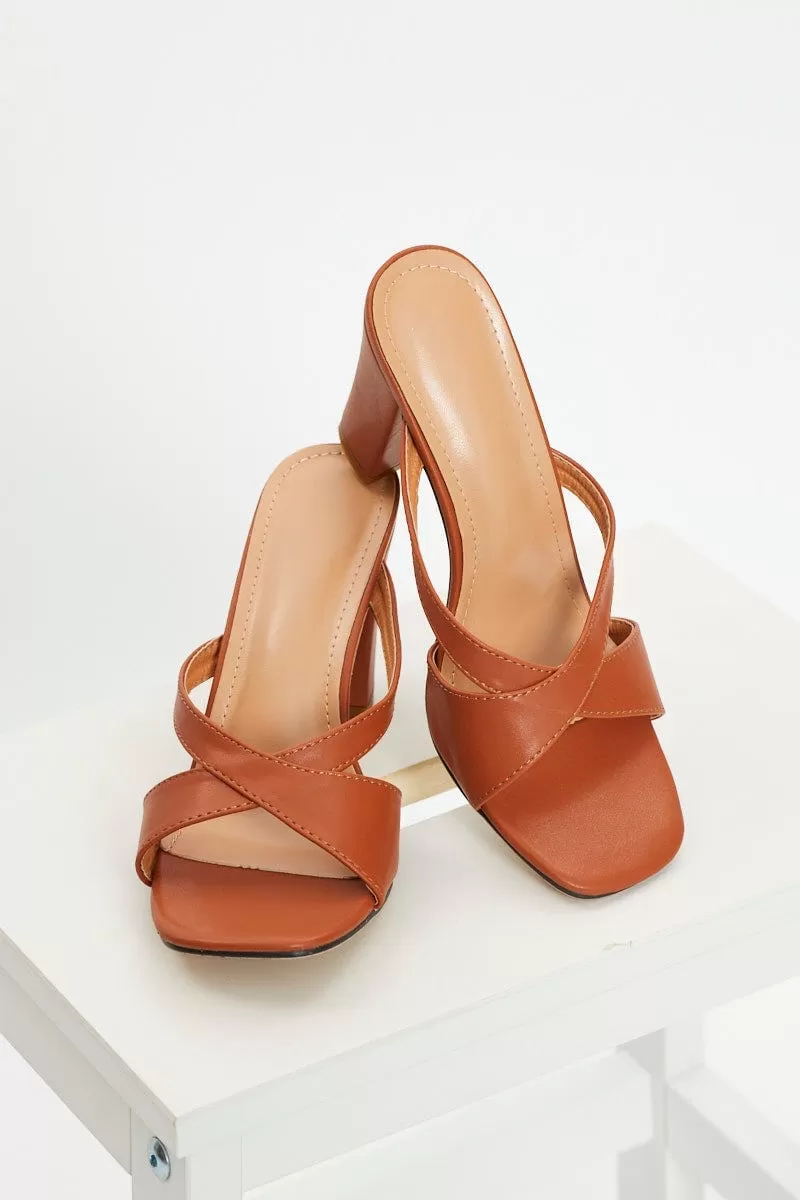 Beige Faux Leather Cross Over Mules