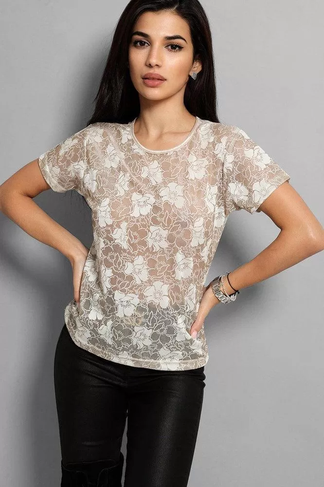 Beige Floral Print Semi Sheer Top