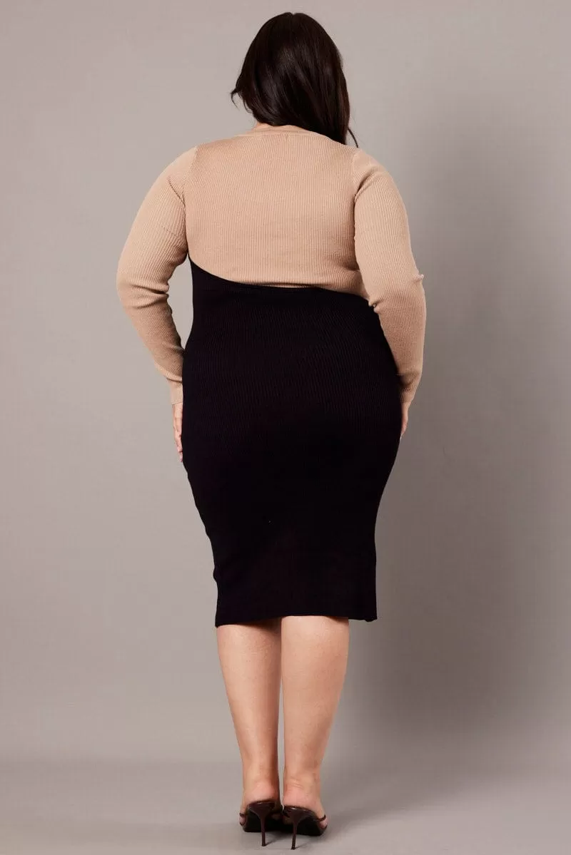 Beige Knit Dress Long Sleeve Color Block