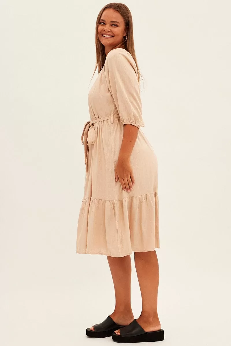 Beige Midi Dress Puff Sleeve Belt Frill Hem