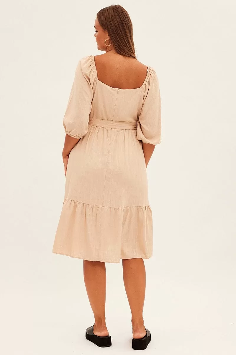 Beige Midi Dress Puff Sleeve Belt Frill Hem