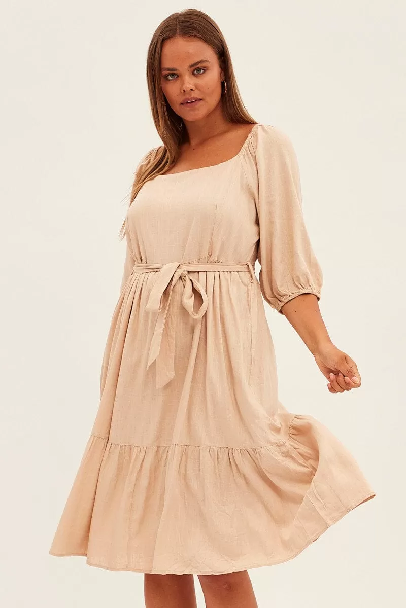 Beige Midi Dress Puff Sleeve Belt Frill Hem