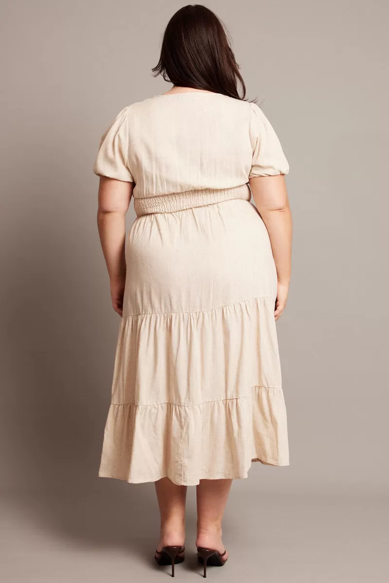 Beige Midi Dress Short Sleeve Linen Blend