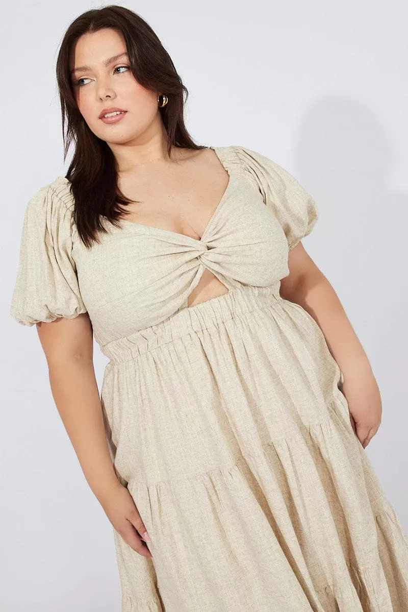 Beige Midi Dress Short Sleeve Tiered Linen Blend