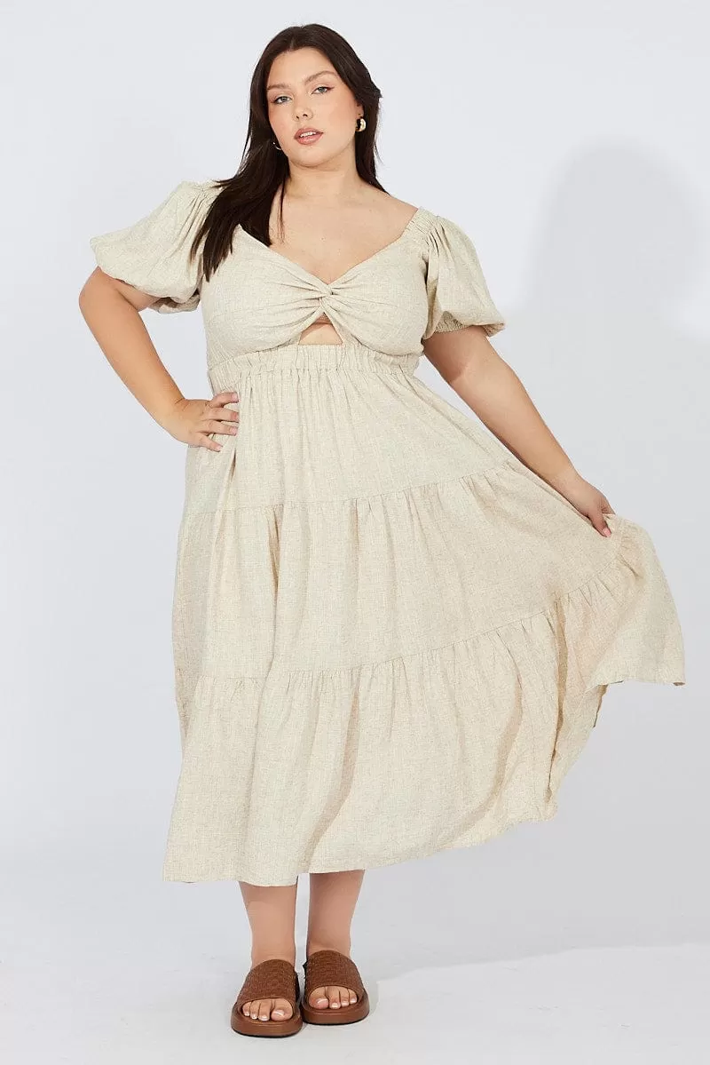 Beige Midi Dress Short Sleeve Tiered Linen Blend