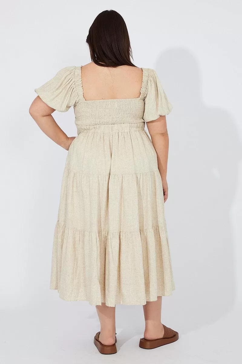 Beige Midi Dress Short Sleeve Tiered Linen Blend