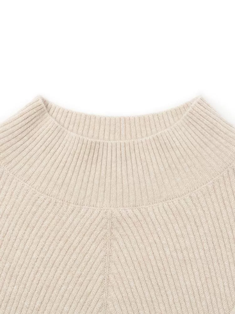 Beige Pure Cashmere Mock Neck Women Sweater