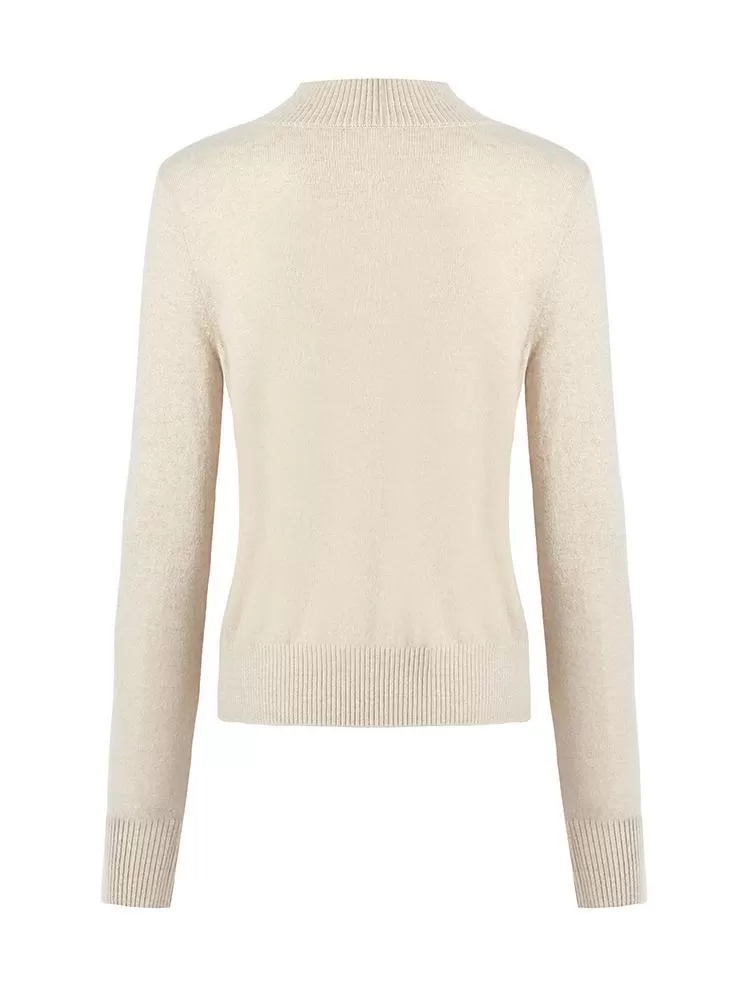 Beige Pure Cashmere Mock Neck Women Sweater