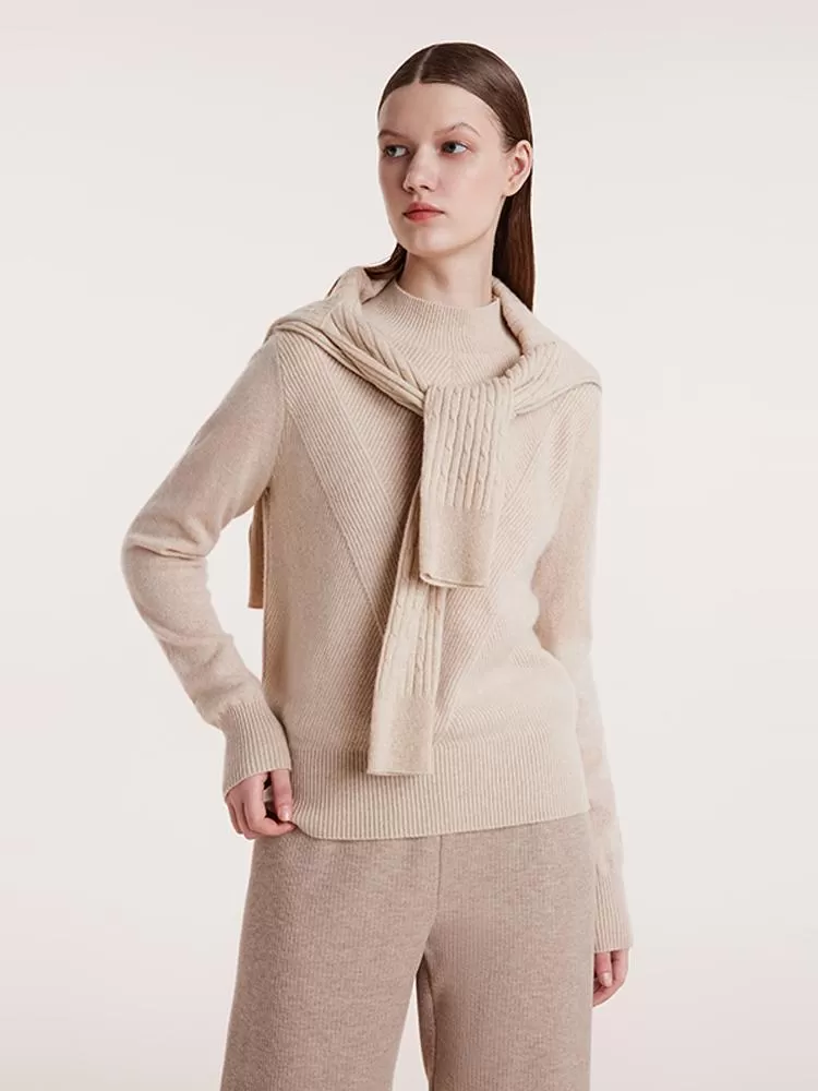 Beige Pure Cashmere Mock Neck Women Sweater