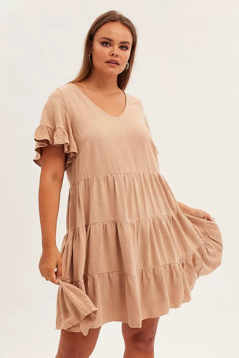 Beige Relaxed Dress Short Sleeve V Neck Linen Blend