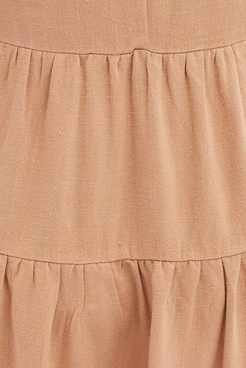 Beige Relaxed Dress Short Sleeve V Neck Linen Blend