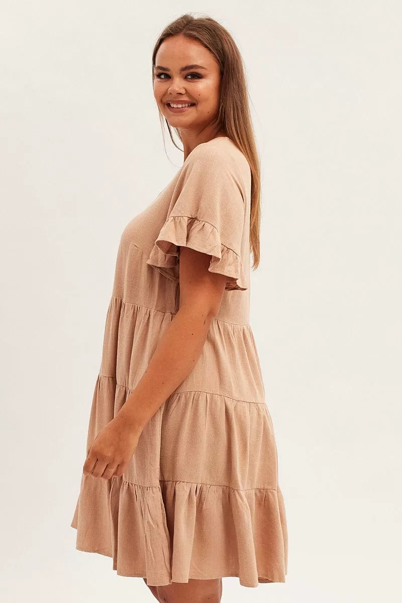 Beige Relaxed Dress Short Sleeve V Neck Linen Blend