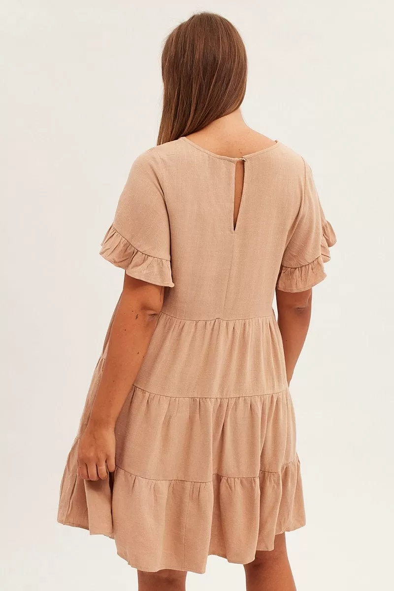 Beige Relaxed Dress Short Sleeve V Neck Linen Blend