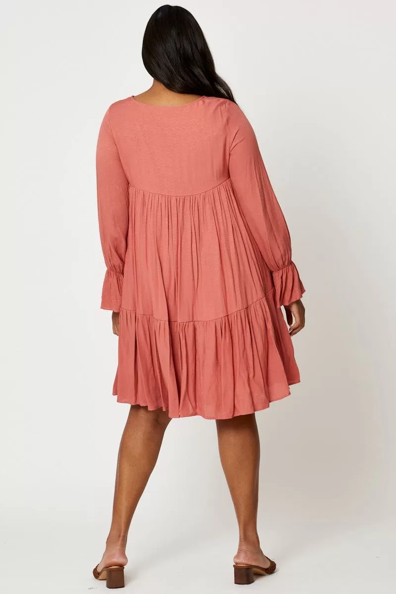 Beige Smock Dress Round Neck Long Sleeve Ruffle