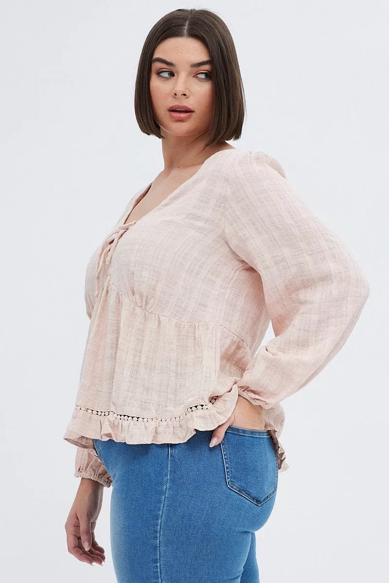 Beige Smock Top Long Sleeve V-Neck