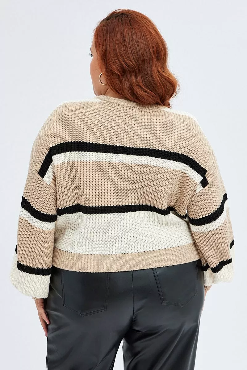 Beige Stripe Knit Jumper Round Neck Long Sleeve