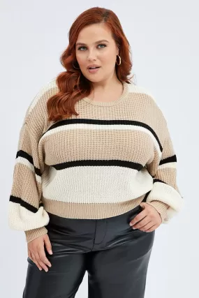 Beige Stripe Knit Jumper Round Neck Long Sleeve