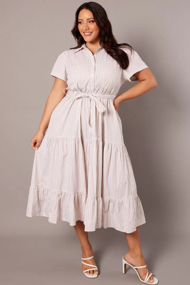 Beige Stripe Midi Dress Short Sleeve Shirt Tiered