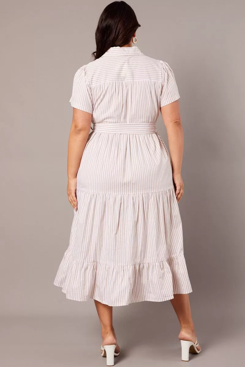 Beige Stripe Midi Dress Short Sleeve Shirt Tiered