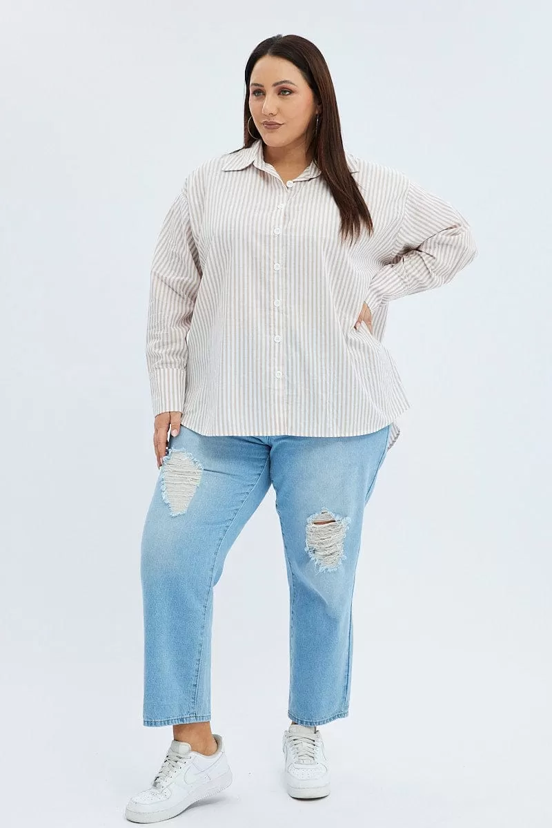 Beige Stripe Relaxed Shirt Long Sleeve