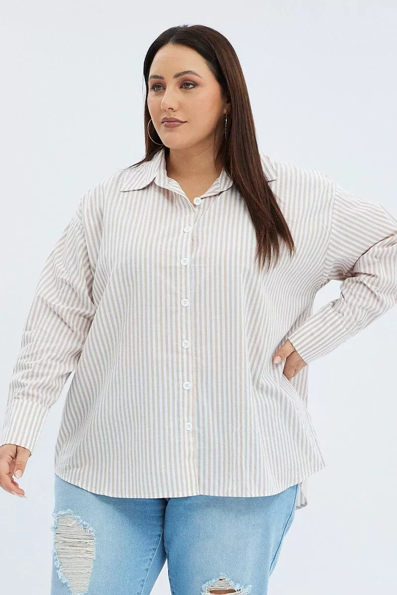 Beige Stripe Relaxed Shirt Long Sleeve