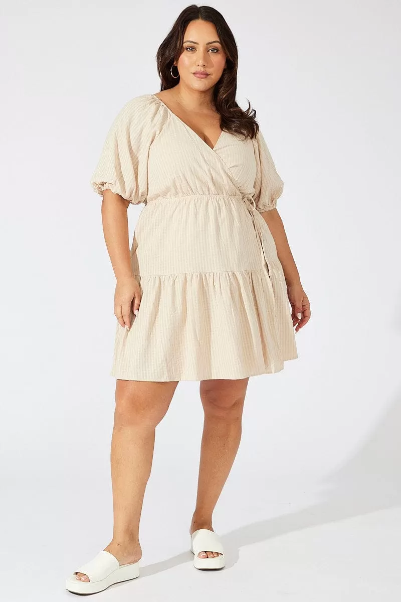 Beige Textured Cotton Wrap Frill Minidress