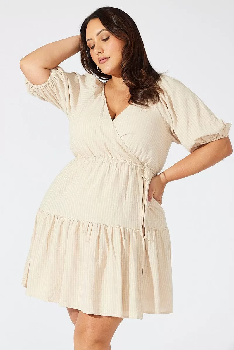 Beige Textured Cotton Wrap Frill Minidress