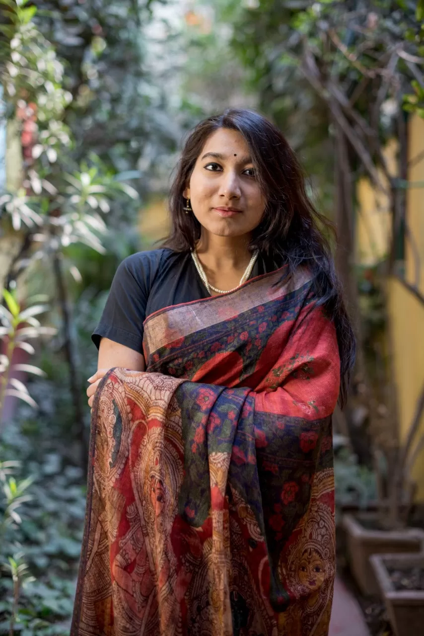 Black And Red Printed Pure Linen Saree