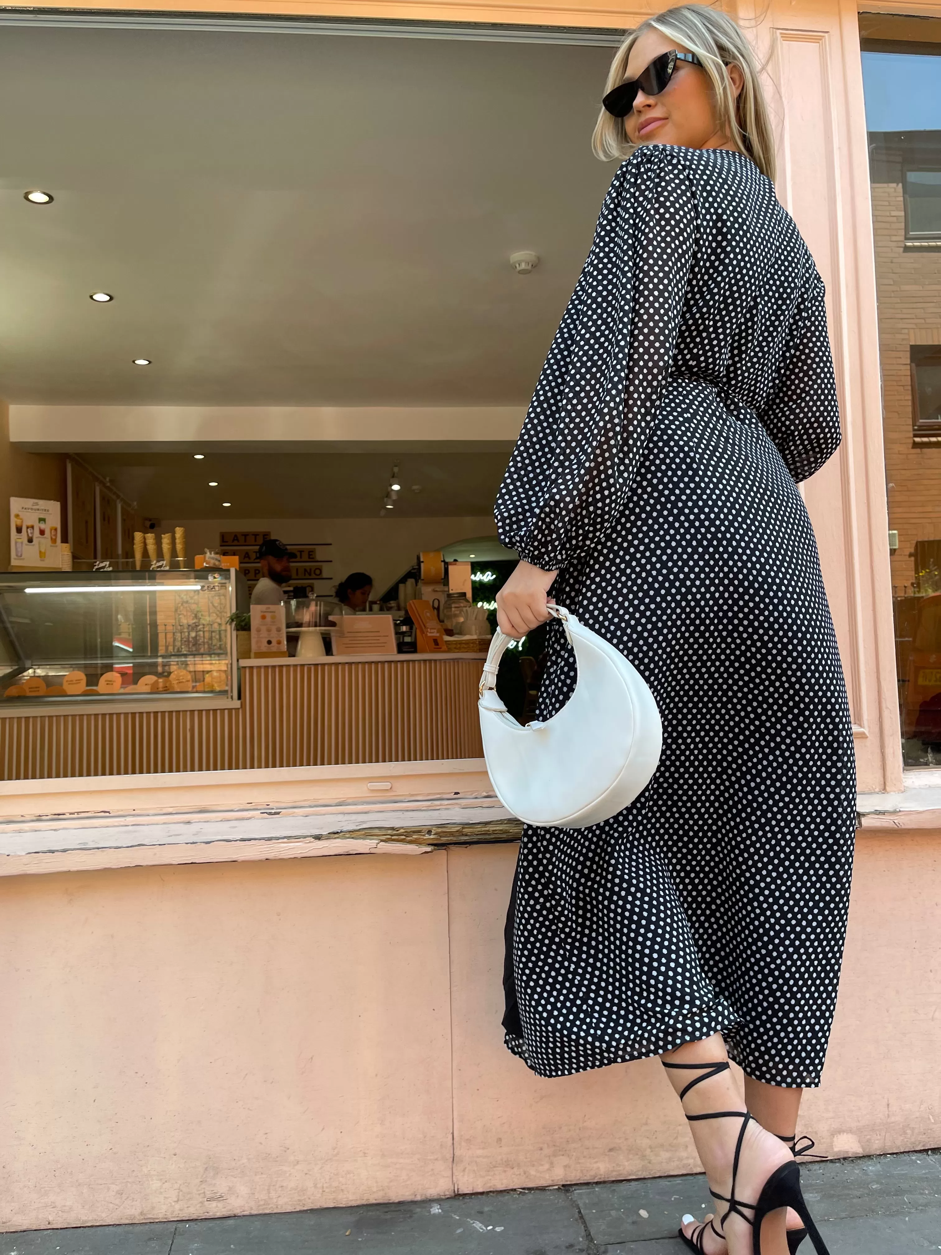 Black-Blur Dot Long Sleeve Wrap Midi-dress