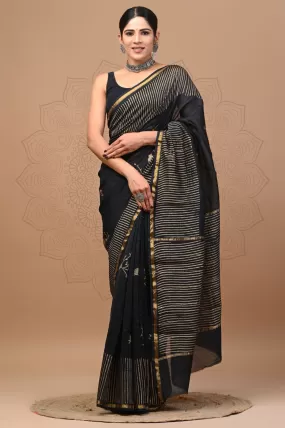 Black Chanderi Handblock Printed Saree