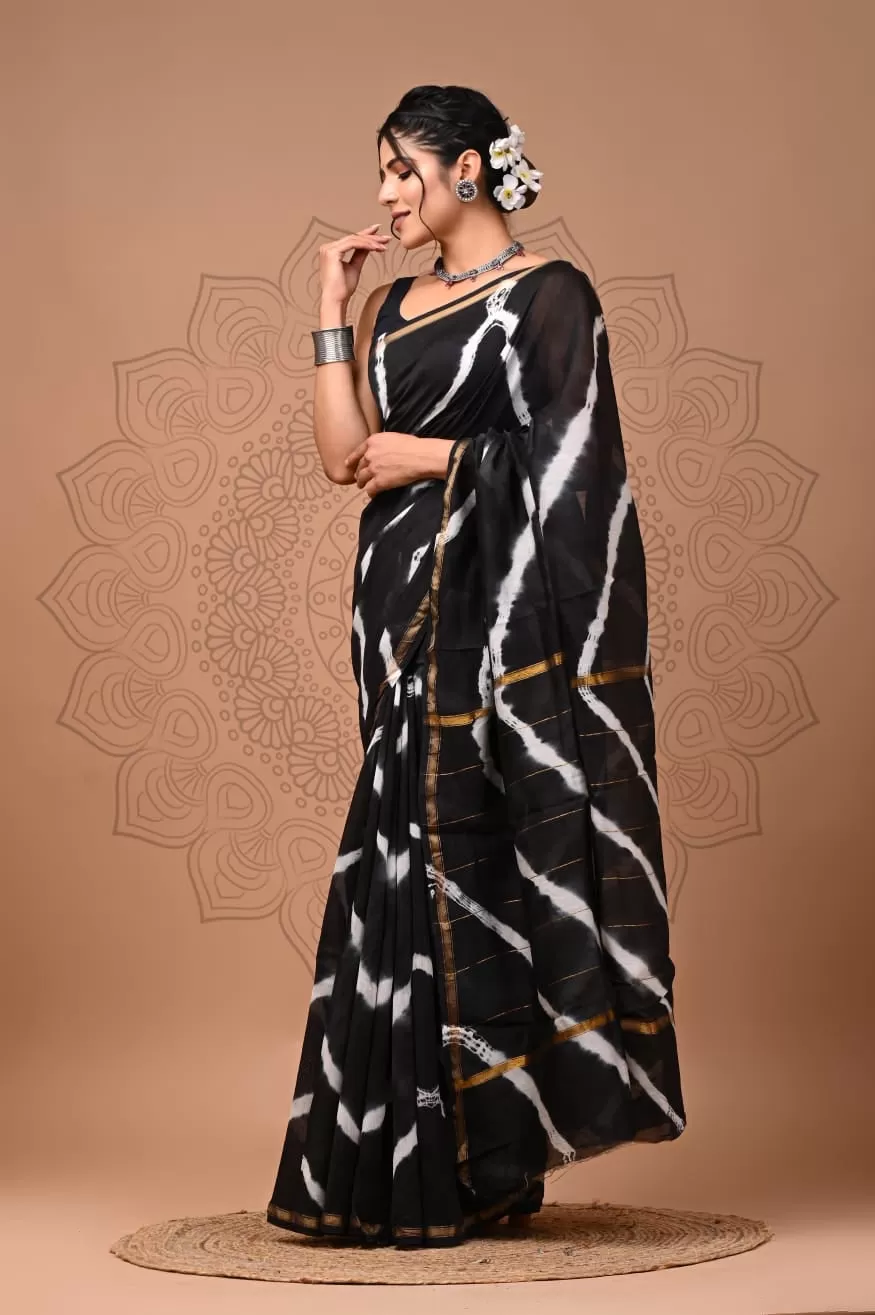 Black Chanderi Handblock Printed Saree