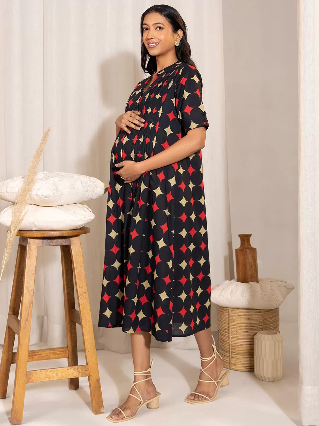 Black Cotton Geometric A-Line Maternity Dress