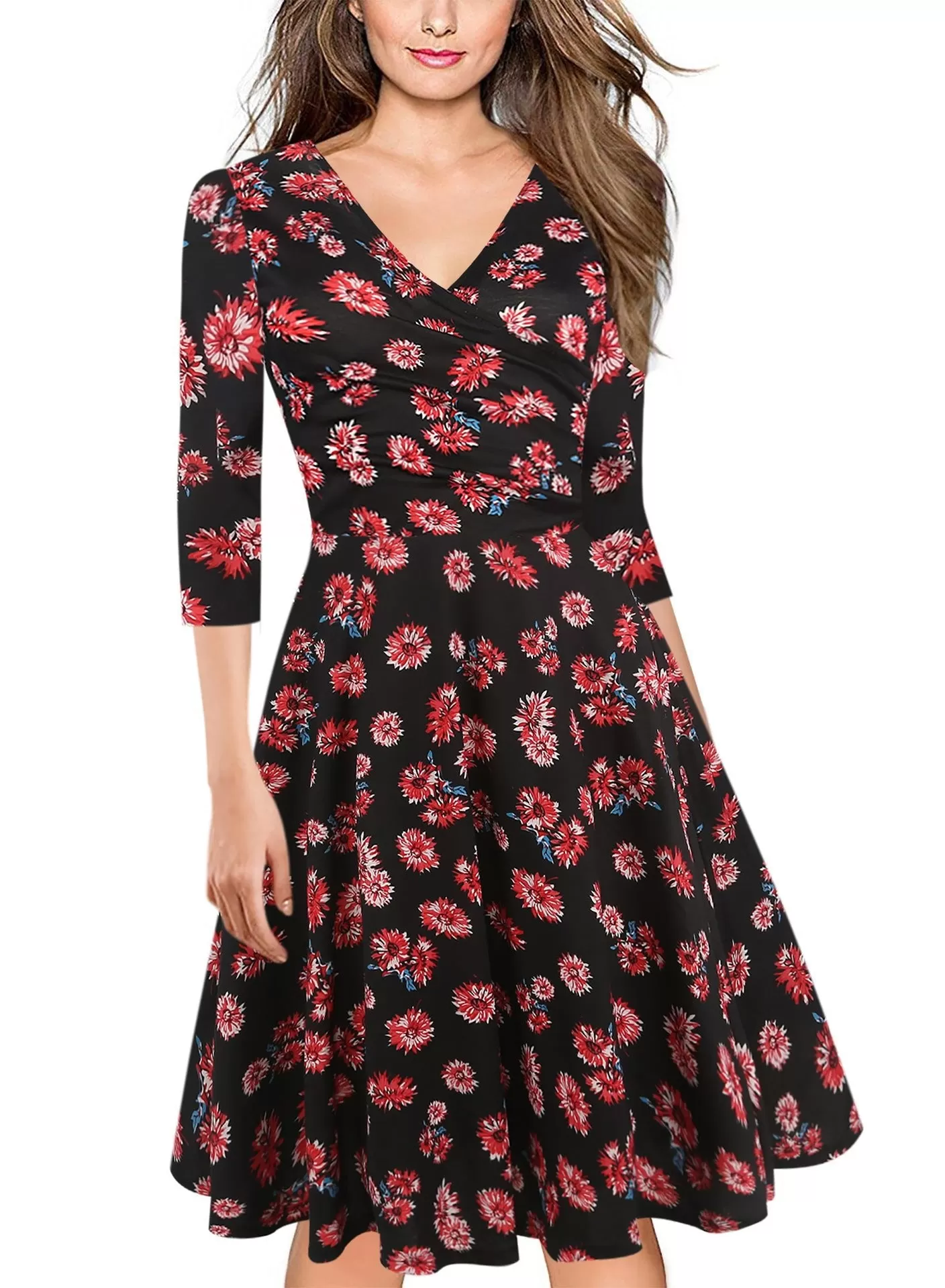 Black Floral Surplice A-Line Dress