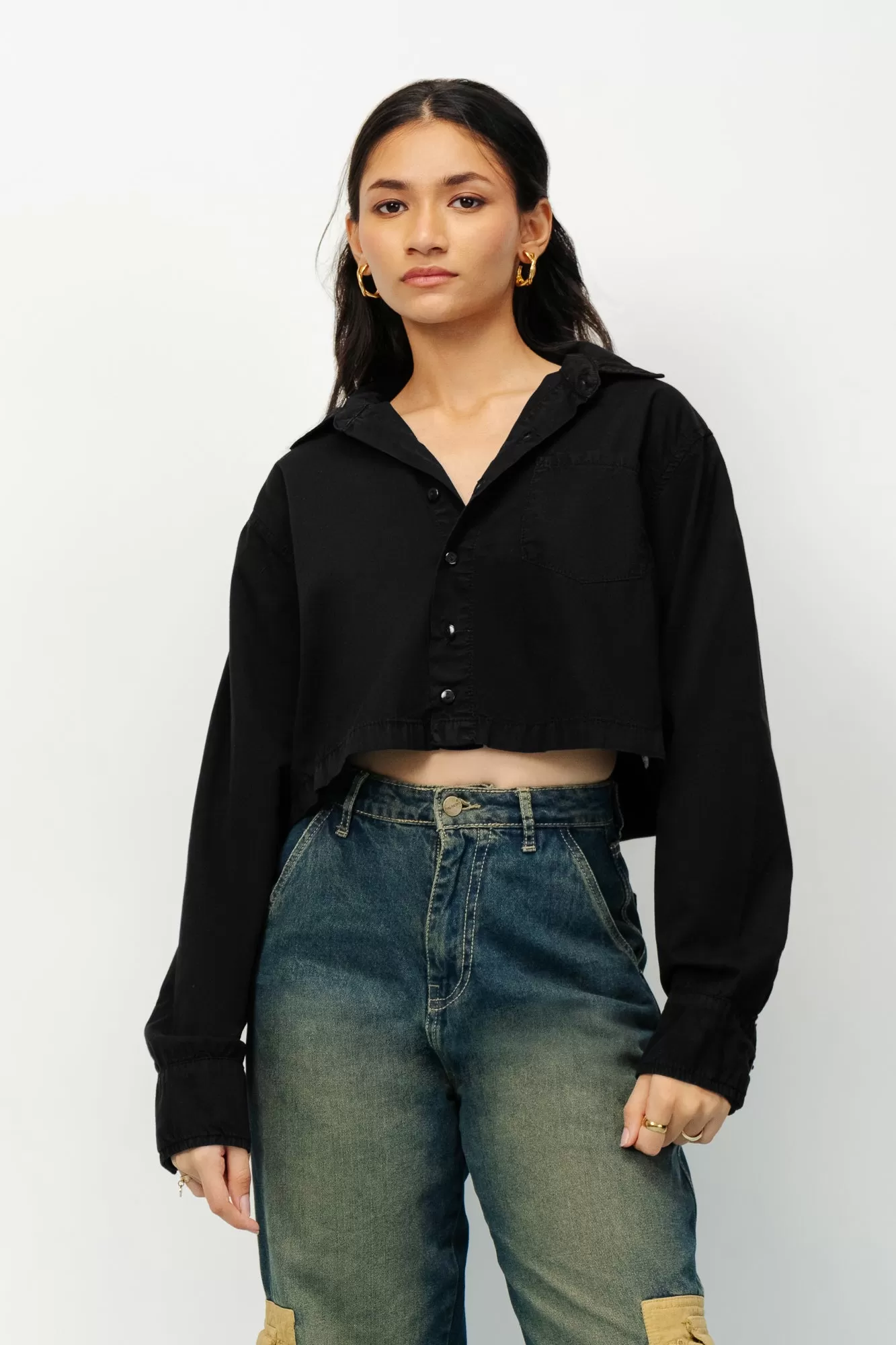 Black Full Sleeves Crop Shirt