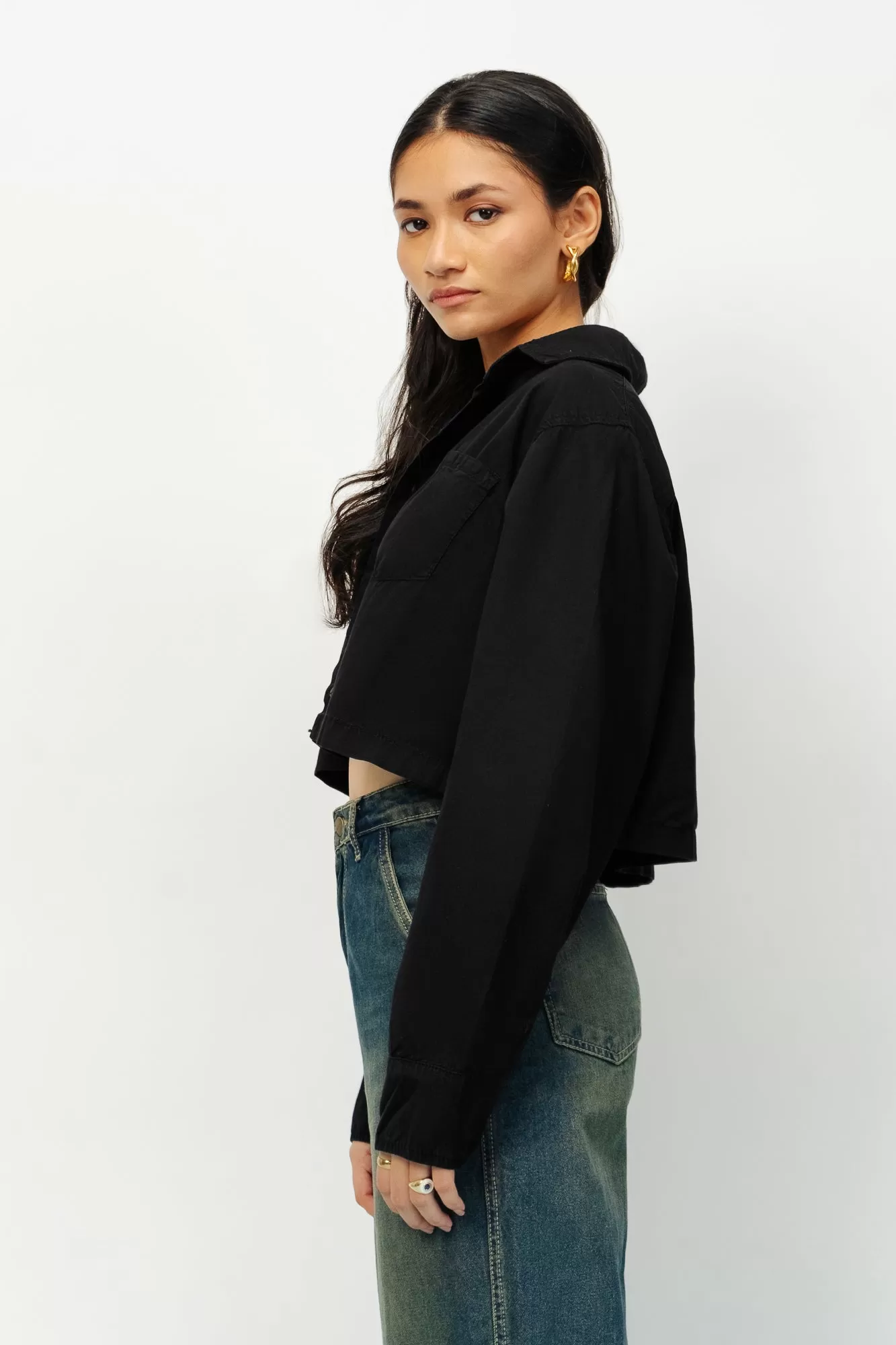 Black Full Sleeves Crop Shirt